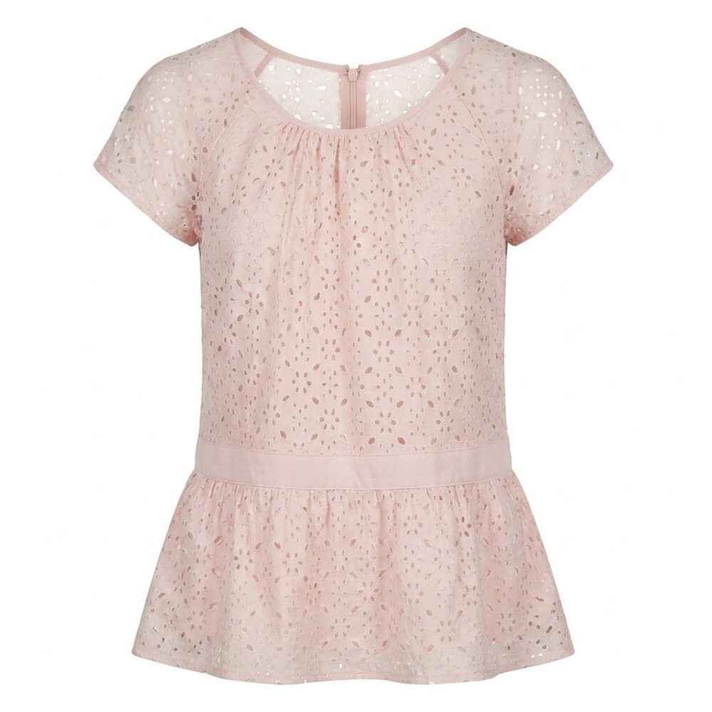 Ann Taylor Spring Office Girly Pink Laser Cut Floral Cap Sleeve Peplum Blouse 8